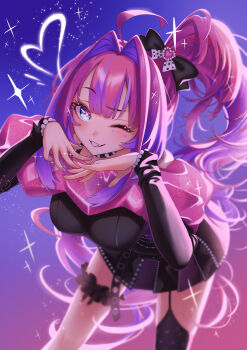 1girl absurdres ahoge black_bow black_collar black_dress black_thighhighs blush bow collar dress hair_bow heart highres hololive hololive_dev_is kikirara_vivi kikirara_vivi_(flowglow_uniform) long_hair multicolored_hair official_alternate_costume one_eye_closed pink_hair ponytail purple_hair sasatake single_thighhigh smile solo spiked_collar spikes thighhighs two-tone_hair very_long_hair virtual_youtuber