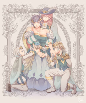 1boy 3girls blonde_hair blue_dress blue_eyes blush border dress est_tm fire_emblem fire_emblem_heroes fjorm_(fire_emblem) gradient_hair gunnthra_(fire_emblem) highres hrid_(fire_emblem) kiss kissing_hand multicolored_hair multiple_girls nintendo ornate_border pink_hair purple_hair ylgr_(fire_emblem)