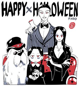 1boy 2girls absurdres the_addams_family animal anya_(spy_x_family) bond_(spy_x_family) bow bowtie braid braided_twintails cosplay crossed_arms dog dress eyeshadow facial_hair findoworld gomez_addams gomez_addams_(cosplay) happy_halloween hashtag-only_commentary hat highres jewelry long_hair looking_at_viewer makeup morticia_addams morticia_addams_(cosplay) multiple_girls mustache pendant purple_eyeshadow red_eyes ring sitting spy_x_family sunglasses thing_(the_addams_family) twilight_(spy_x_family) wednesday_addams wednesday_addams_(cosplay) wide_sleeves yor_briar