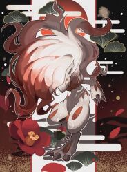 Rule 34 | abstract background, animal ears, claws, closed mouth, creatures (company), flower, game freak, highres, hisuian zoroark, nintendo, outline, pokemon, pokemon (creature), red fur, red hair, reo (mmocc123), solo, standing, white fur, white hair, white outline