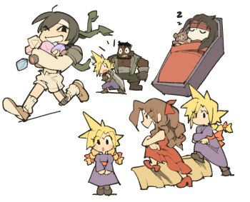 2girls 3boys aerith_gainsborough asymmetrical_legwear barret_wallace beard black_hair black_shoes blonde_hair blue_pants blush boots braid brown_boots brown_hair buster_sword cloak closed_eyes cloud_strife coffin crossdressing crossdressing_(mtf) dark-skinned_male dark_skin dog_tags dress facial_hair final_fantasy final_fantasy_vii grey_shorts grey_vest grin hair_over_one_eye hair_ribbon headband highres long_hair looking_at_another loose_socks materia midriff multiple_boys multiple_girls official_alternate_costume one_eye_closed open_fly outstretched_hand pants parted_bangs parted_lips ponytail purple_dress red_cloak red_dress red_headband red_ribbon red_shoes ribbon running sharp_teeth shoes short_hair shorts sleeping smile socks stuffed_animal stuffed_toy sword sword_on_back teddy_bear teeth temmie_chang twin_braids vest vincent_valentine weapon weapon_on_back white_background yuffie_kisaragi zzz