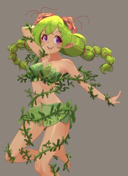 Rule 34 | 1girl, :d, absurdres, bare shoulders, bikini, braid, breasts, dryad (terraria), flower, foot out of frame, green hair, grey background, hair flower, hair ornament, highres, leaf bikini, leaf bra, leaf clothing, leaf skirt, long hair, medium breasts, navel, open mouth, plant, pointy ears, purple eyes, simple background, smile, solo, suweeka, terraria, twin braids, vines