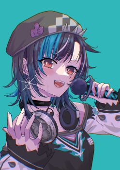 1girl absurdres akina_(user_ucnd3578) aqua_background aqua_hair beret black_choker black_dress black_hair black_hat choker dress hat headphones headphones_around_neck highres holding holding_microphone hololive hololive_dev_is looking_at_viewer medium_hair microphone multicolored_hair open_mouth red_eyes rindo_chihaya rindo_chihaya_(1st_costume) solo streaked_hair virtual_youtuber white_hair