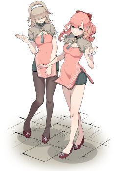 2girls absurdres black_pantyhose blonde_hair bow breasts brown_hair character_request chinese_clothes cleavage commentary_request dress full_body green_eyes hair_bow hair_over_eyes hair_over_one_eye hand_up high_heels highres long_hair multiple_girls pantyhose pink_dress pink_hair red_bow red_shoes shoes short_sleeves simple_background tassel white_background yoruniyoruyoshi zenless_zone_zero