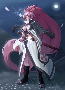 1girl absurdres baiken breasts center_opening cleavage commentary_request eyepatch facial_mark forehead_mark full_body full_moon glint guilty_gear guilty_gear_strive highres hitempo holding holding_sword holding_weapon katana large_breasts long_hair looking_at_viewer moon night outdoors pink_eyes pink_hair ponytail scar scar_across_eye scar_on_face smoking smoking_pipe solo star_(sky) sword weapon