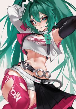 1girl absurdres aqua_eyes aqua_hair arms_up asymmetrical_clothes belt breasts closed_mouth cowboy_shot elbow_gloves from_below gloves goodsmile_company goodsmile_racing hair_between_eyes hatsune_miku highres long_hair looking_at_viewer medium_breasts midriff navel race_queen racing_miku racing_miku_(2025) short_shorts shorts simple_background single_elbow_glove smile solo suliavtuber thighhighs torn_clothes torn_thighhighs twintails underboob very_long_hair white_background wide_hips