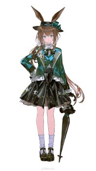 Rule 34 | 1girl, absurdres, amiya (arknights), animal ears, arknights, black hat, black shoes, black skirt, blue eyes, brown hair, buttons, chinese commentary, closed mouth, commentary request, ears through headwear, full body, green jacket, grey socks, hair between eyes, hat, highres, jacket, kneehighs, long hair, long sleeves, looking at viewer, ns404, shoes, simple background, skirt, socks, solo, standing, umbrella, watermark, weibo watermark, white background