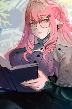 Rule 34 | 1girl, baobhan sith (fate), baobhan sith (swimsuit pretender) (second ascension) (fate), book, breasts, capelet, earrings, fate/grand order, fate (series), glasses, grey capelet, grey eyes, highres, holding, holding book, jewelry, long hair, looking at viewer, open book, pink hair, pointy ears, purple shirt, reading, resenri, round eyewear, shirt, sidelocks, solo