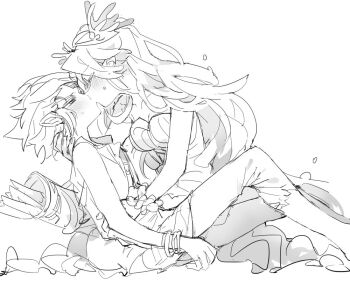 1girl arrow_(projectile) bad_id bad_twitter_id blush breasts cleavage closed_eyes commentary cookie_run coral_hair_ornament couple dress from_side girl_on_top greyscale hair_ornament hetero humanization inactive_account k3vccitq kiss large_breasts long_hair monochrome painttool_sai_(medium) pointy_ears quiver sea_fairy_cookie short_hair sidelocks simple_background sketch symbol-only_commentary very_long_hair white_background wind_archer_cookie