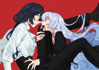 2girls acheron_(honkai:_star_rail) black_swan_(honkai:_star_rail) breasts charathegay couple hair_over_one_eye highres honkai:_star_rail honkai_(series) large_breasts long_hair looking_at_another multiple_girls pants purple_eyes purple_hair shirt simple_background smile white_background white_shirt yellow_eyes yuri