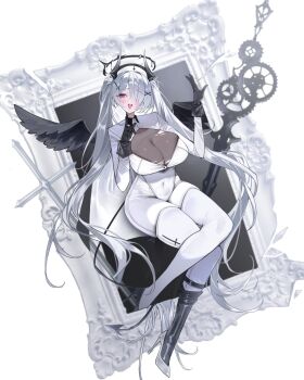 1girl amu1207 bird_wings black_gloves black_wings blush bodysuit breasts cinderella_(nikke) cleavage commentary demon_horns feathered_wings gloves goddess_of_victory:_nikke hair_over_one_eye highres horns large_breasts leotard long_hair looking_at_viewer one_eye_covered red_eyes smile solo symbol-only_commentary twintails very_long_hair white_bodysuit white_hair white_leotard wings