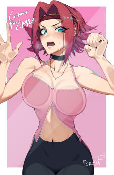1girl against_glass artist_name bare_shoulders black_leggings blue_eyes blush border breasts cleavage code_geass commentary commission english_commentary hair_intakes headband highres kouzuki_kallen large_breasts leggings looking_at_viewer midriff navel open_mouth orouu pink_background pink_tank_top red_headband short_hair simple_background solo tank_top white_border
