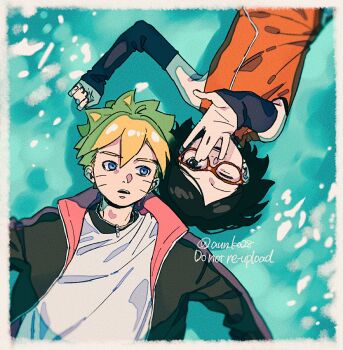 1boy 1girl black_eyes black_hair black_jacket blonde_hair blue_eyes boruto:_naruto_next_generations commentary_request detached_sleeves facial_mark from_above glasses highres jacket jewelry lying naruto_(series) necklace on_back one_eye_closed onka_(aun_ka28) open_mouth reaching reaching_towards_viewer red-framed_eyewear short_hair sleeves_past_wrists smile twitter_username uchiha_sarada uzumaki_boruto watermark whisker_markings