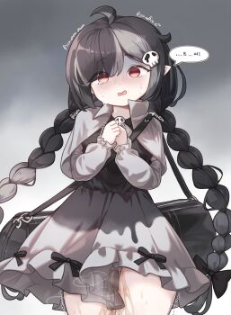 1girl absurdres ahoge bag black_hair braid commentary_request dress hair_ornament highres kathy_(trickcal) korean_commentary long_hair long_sleeves multicolored_hair pee peeing peeing_self pointy_ears red_eyes skull_hair_ornament solo trembling trickcal twin_braids wjddn