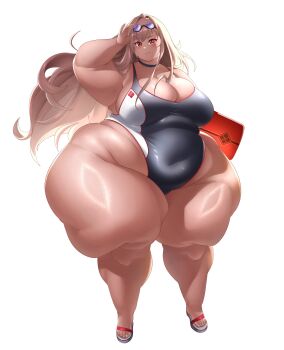 1girl absurdres belly black_one-piece_swimsuit bodyboard breasts brown_hair cleavage competition_swimsuit covered_navel fat fat_woman flip-flops goddess_of_victory:_nikke goggles goggles_on_head hand_in_own_hair highleg highleg_one-piece_swimsuit highres holding_kickboard kickboard large_breasts long_hair mamoru_shijugo obese one-piece_swimsuit rapi_(classic_vacation)_(nikke) rapi_(nikke) red_eyes sandals solo swimsuit thick_arms thick_thighs thighs white_background wide_hips
