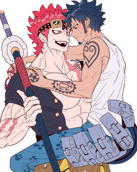 2boys :d abs arm_tattoo biceps black_hair black_shirt blue_pants blush buttons carrying carrying_person closed_mouth collarbone commentary_request earrings eustass_kid eye_contact facial_hair fangs finger_tattoo frown goatee goggles goggles_on_head gold_earrings hand_tattoo holding holding_sheath holding_sword holding_weapon jewelry katana large_pectorals looking_at_another male_focus mechanical_arms multiple_boys one_piece open_clothes open_mouth open_shirt pants pectoral_cleavage pectorals red_eyes red_hair red_lips scar scar_across_eye scar_on_arm scar_on_chest scar_on_face scar_on_neck sheath sheathed shirt short_hair short_sleeves shoulder_tattoo sideburns simple_background single_mechanical_arm smile spiked_hair standing sweatdrop sword tank_top tattoo teeth trafalgar_law upper_teeth_only v-shaped_eyebrows veins weapon white_background white_tank_top yakumo_(ykm) yaoi yellow_eyes yellow_pants