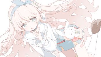 Rule 34 | 1girl, absurdres, bandaid, bandaid on leg, blue hair, blue skirt, collared shirt, commentary request, hair between eyes, hair ornament, hairband, highres, kneehighs, long hair, long sleeves, looking at viewer, open mouth, original, pink hair, sailor collar, shirt, simple background, skirt, socks, solo, stuffed animal, stuffed rabbit, stuffed toy, urotsuki (ku9625), v, very long hair, virtual youtuber, white socks