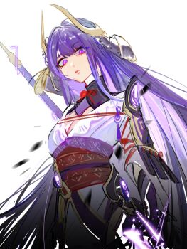1girl armor blunt_bangs blurry breasts bridal_gauntlets chinese_commentary cleavage closed_mouth depth_of_field engulfing_lightning_(genshin_impact) fake_horns genshin_impact glowing glowing_eyes gradient_hair hair_down head_tilt headpiece helmet highres holding holding_polearm holding_weapon horns japanese_armor japanese_clothes kimono large_breasts long_hair looking_down mitsudomoe_(shape) mole mole_under_eye multicolored_hair neck_ribbon nihaowojiaoshanghetu off_shoulder polearm purple_eyes purple_hair purple_kimono raiden_shogun raiden_shogun_(magatsu_mitake_narukami_no_mikoto) red_ribbon red_sash ribbon sash shade shoulder_armor solo tomoe_(symbol) transformation upper_body weapon white_background wide-eyed