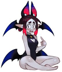 Rule 34 | 1girl, animal ears, bat ears, bat wings, bite mark, black eyes, black hair, blush, braid, breasts, cleavage, cleavage cutout, clothing cutout, colored skin, eleanor (justadrian), fangs, hair bun, highres, jewelry, justadrian (yoadriandk), leotard, multicolored hair, open mouth, original, pointing, pointing at self, pointy ears, red hair, short hair, simple background, thick eyebrows, two-tone hair, vampire, wings