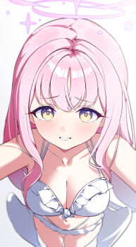 1girl absurdres angel_wings bikini blue_archive blush breasts cleavage commentary frilled_bikini frills from_above halo highres large_breasts long_hair looking_at_viewer low_wings mika_(blue_archive) mika_(swimsuit)_(blue_archive) navel official_alternate_costume official_alternate_hairstyle pink_hair pink_halo shanqianqian_377 simple_background smile solo swimsuit white_background white_bikini white_wings wings yellow_eyes
