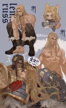 ! !! 2boys animal_ears armor armored_boots artist_name beard_stubble black_hair blue_eyes boots braid breastplate character_name chibi chromatic_aberration closed_mouth collar commentary couter cuirass dated emperor_of_mankind english_commentary facial_hair fur-trimmed_boots fur-trimmed_bracer fur_trim gauntlets ginias greaves grey_armor halo highres holding holding_sword holding_weapon laurel_crown leash leash_in_mouth leg_armor leman_russ long_hair looking_at_viewer male_focus multiple_boys multiple_views muscular muscular_male nude pauldrons pet_play poleyn power_armor primarch rerebrace roman_numeral sharp_teeth shoulder_armor slit_pupils space_wolves speech_bubble squatting stubble sword tail tan teeth topless_male warhammer_40k weapon wolf yellow_tail