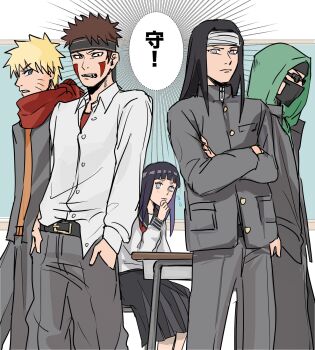 1girl 4boys aburame_shino black_hair blonde_hair blush brown_hair clenched_teeth commentary_request crossed_arms facial_tattoo fang flying_sweatdrops frown gakuran goggles green_hoodie hands_in_pockets headband highres hood hoodie hyuuga_hinata hyuuga_neji inuzuka_kiba jacket_over_hoodie long_hair mask medium_skirt mouth_mask multiple_boys naruto_(series) naruto_shippuuden notane_n orange_sweater purple_eyes red_scarf scarf school_uniform serafuku shirt_partially_tucked_in skirt sweater tattoo teeth translation_request uzumaki_naruto white_headband