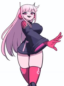 1girl animated animated_gif black_panties blush bouncing_breasts breasts cosplay gloves grin headphones hololive hololive_english jewelry_bonney_(cosplay) large_breasts long_hair looking_at_viewer mori_calliope no_bra one_piece panties pink_eyes pink_hair smile solo teeth thighhighs thighs underwear virtual_youtuber walking zedd_(zedgawr)