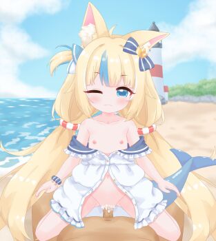 1boy 1girl ;3 ahoge animal_ear_fluff animal_ears bare_legs bare_shoulders beach blonde_hair blue_bow blue_eyes blue_hair blue_sailor_collar blue_scrunchie blue_sky blush bow buttons cat_ears center-flap_bangs closed_mouth clothed_female_nude_male clothed_sex cloud cloudy_sky commentary commentary_request convenient_censoring cowgirl_position cum cum_censor cum_in_pussy cum_overflow day dress english_commentary erection fins fish_girl fish_tail flat_chest frilled_shirt frilled_shirt_collar frills gluteal_fold hair_bow hair_flaps happy_sex hetero highres indie_virtual_youtuber large_variant_set lifebuoy_hair_ornament lighthouse loli long_hair looking_at_viewer low_twintails mixed-language_commentary multicolored_hair naked_shirt navel nipples nude ocean off_shoulder oldb one_eye_closed one_side_up outdoors paid_reward_available partially_unbuttoned penis pov pov_crotch public_indecency public_nudity pussy sailor_collar sailor_shirt sameko_saba scrunchie see-through_clothes see-through_dress sex shirt shore single_ear_down sky solo_focus stomach straddling straight-on streaked_hair tail tareme twintails vaginal variant_set veins veiny_penis very_long_hair virtual_youtuber white_shirt wrist_scrunchie