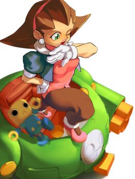 1girl breasts brown_hair covering_own_mouth cropped_jacket dress earrings from_above gloves green_eyes hairband hand_on_own_hip highres jacket jewelry legs mecha mega_man_(series) mega_man_legends_(series) ojou-sama_pose pantyhose pink_dress pink_shoes robot servbot_(mega_man) shoes short_sleeves thighs tron_bonne_(mega_man) white_gloves