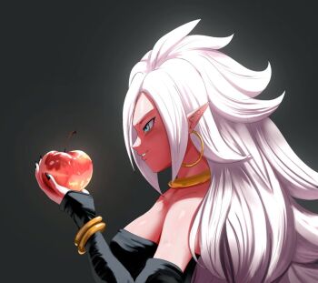 1girl android_21 apple bare_shoulders black_sleeves black_tube_top blue_eyes breasts commentary detached_sleeves dragon_ball dragon_ball_fighterz earrings food from_side fruit grey_background holding holding_food holding_fruit hoop_earrings ivyrandomart jewelry large_breasts majin_android_21 parted_lips pointy_ears profile simple_background smile solo strapless symbol-only_commentary tube_top upper_body white_hair