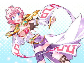 1girl adapted_costume ass belt black_shorts blue_eyes blush breasts cello commentary_request cowboy_shot detached_sleeves dutch_angle instrument jewelry looking_back medium_breasts navel open_mouth pink_hair polka_dot polka_dot_background purple_shorts ragnarok_online ring saaki_(sa-ki) short_hair shorts solo sorcerer_(ragnarok_online) white_sleeves yellow_belt