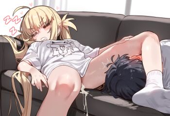1boy 1girl absurdres after_vaginal artoria_caster_(fate) artoria_pendragon_(fate) blonde_hair blush breasts closed_eyes commentary couch cum cum_in_pussy cumdrip drooling ear_blush ebora english_commentary fate/grand_order fate_(series) fujimaru_ritsuka_(male) highres indoors long_hair melusine_(fate) mouth_drool on_couch shirt short_sleeves sleeping small_breasts socks thighs twintails white_shirt white_socks zzz