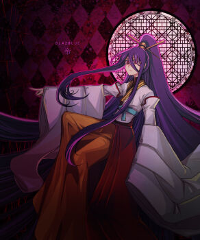 1girl absurdly_long_hair arc_system_works bad_id bad_pixiv_id blazblue female_focus hades_izanami hair_ornament highres japanese_clothes kkaiju long_hair long_skirt long_sleeves mikado_(blazblue) pants pointing ponytail purple_hair red_eyes skirt solo very_long_hair