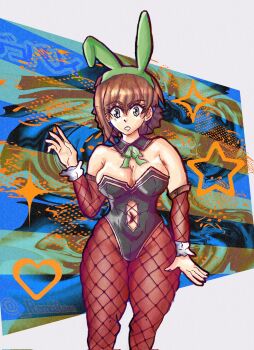 1girl animal_ear_hairband animal_ears bare_shoulders black_leotard bow bowtie brown_hair bunny_day clothing_cutout commentary detached_collar detached_sleeves double-parted_bangs duvalie eiyuu_densetsu english_commentary fake_animal_ears fishnet_pantyhose fishnets green_bow green_eyes hair_between_eyes hair_bun hairband hajimari_no_kiseki highleg highleg_leotard highres leotard navel navel_cutout pantyhose playboy_bunny rabbit_ear_hairband rabbit_ears remixraven short_hair solo strapless strapless_leotard traditional_bowtie