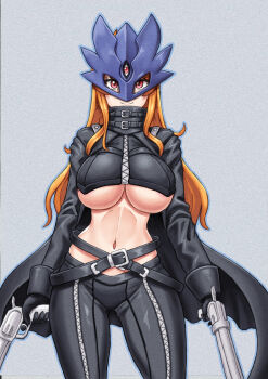 1girl :> absurdres alternate_eye_color beelstarmon beelstarmon_(cosplay) belt black_belt black_coat black_gloves black_pants black_vest blue_mask breasts closed_mouth coat commentary cosplay cowboy_shot cropped_vest curvy digimon dual_wielding els_(ljhlee12) eye_mask gloves grey_background gun highres holding holding_gun holding_weapon large_breasts leather leather_pants long_hair looking_at_viewer mask multiple-barrel_gun nami_(one_piece) navel one_piece open_clothes open_coat orange_hair pants pink_eyes shiny_skin sidelocks simple_background smile solo standing stomach third_eye tight_clothes tight_pants underboob variant_set vest weapon wide_hips zipper