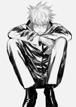 1boy blue_eyes closed_mouth commentary_request elbow_on_knee full_body gojou_satoru grey_background highres jacket jujutsu_kaisen jujutsu_tech_uniform kuwoniagyu11112 long_sleeves looking_at_viewer male_focus pants shoes short_hair simple_background sitting solo spot_color