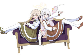Rule 34 | 2girls, alternate costume, azusa (blue archive), blonde hair, blue archive, blush, brown ribbon, brown shoes, brown skirt, commentary request, couch, crossed bangs, feathered wings, flower, flower ornament, frilled shirt, frills, green ribbon, green shoes, green skirt, hair between eyes, hifumi (blue archive), highres, long hair, looking at viewer, low twintails, multiple girls, on couch, open mouth, pantyhose, parted lips, pink flower, purple eyes, purple flower, ribbon, sateto (user knrf2332), shirt, shoes, sidelocks, sitting, skirt, twintails, white hair, white pantyhose, white shirt, wings, yellow eyes