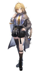 Rule 34 | 1girl, absurdres, ahoge, ankle boots, asymmetrical legwear, belt, black belt, black footwear, black shorts, black socks, black thighhighs, blonde hair, blue eyes, blush, boots, braid, breasts, brown coat, closed mouth, coat, collared shirt, copyright request, dress shirt, full body, hair ornament, hairclip, hand on own hip, hand up, highres, leather belt, long hair, looking at viewer, medium breasts, necktie, open clothes, open coat, shirt, shirt tucked in, short shorts, shorts, simple background, sishui liuyue, smile, socks, solo, standing, tachi-e, thighhighs, uneven legwear, very long hair, white background, white shirt, yellow necktie