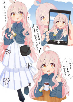 Rule 34 | 1girl, :d, :o, @ @, absurdres, ahoge, alternate hairstyle, bag, black boots, black shirt, blush, boots, bracelet, casual, clothing cutout, commentary, cup, double w, hair between eyes, half updo, highres, holding, holding cup, holding phone, hot chocolate, jewelry, long hair, long sleeves, multiple views, namamugi2345, onii-chan wa oshimai!, open mouth, orange eyes, oyama mahiro, phone, pink hair, shirt, shoulder cutout, simple background, skirt, smile, translated, very long hair, w, white background, white skirt, wide sleeves