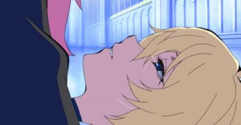 10s 1boy 1girl animated animated_gif blonde_hair blood blue_eyes hetero kiss lowres owari_no_seraph pink_hair red_eyes