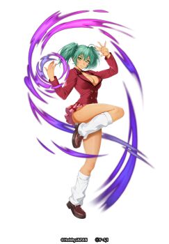 Rule 34 | 1girl, ass, bikini, bikini under clothes, breasts, cleavage, crossover, curvy, dark-skinned female, dark skin, full body, green eyes, green hair, highres, hobby japan, ikkitousen, large breasts, long hair, looking at viewer, miniskirt, official art, queen's blade, queen's blade limit break, ryofu housen, shiny skin, skirt, smile, solo, swimsuit, twintails, wide hips