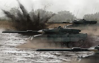 battle bundeswehr cannon cross dead-robot explosion iron_cross leopard_2 military military_vehicle motor_vehicle mud no_humans original smoke_grenade_launcher tank under_fire vehicle_focus