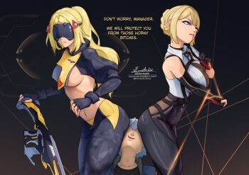 1boy 2girls areola_slip asymmetrical_gloves black_gloves black_pants blindfold blindfold_mask blonde_hair blue_hair braid braided_bun breast_curtain breasts chest_harness closed_mouth commentary dark_background doktor_malefic elbow_gloves english_commentary english_text evelyn_chevalier face_in_ass fingerless_gloves gloves grey_hair gun hair_bun harness high-waist_pants highres large_breasts long_hair mask multiple_girls pants ponytail profanity purple_eyes shirt short_hair signature single_elbow_glove smile string tight_clothes tight_pants trigger_(zenless_zone_zero) twitter_username uneven_gloves weapon white_shirt wise_(zenless_zone_zero) zenless_zone_zero