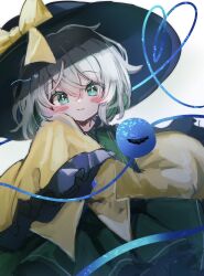 Rule 34 | 1girl, :3, black hair, blush stickers, bright pupils, closed mouth, commentary request, frilled sleeves, frills, green eyes, green skirt, grey hair, heart, highres, koishi day, komeiji koishi, looking at viewer, one eye closed, shinonome (ichigotsuki), shirt, simple background, skirt, sleeves past fingers, sleeves past wrists, smile, solo, split mouth, third eye, touhou, white background, white pupils, yellow shirt
