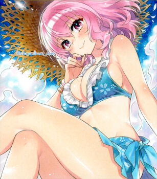 1girl alternate_costume alternate_headwear bikini bikini_skirt blue_background blue_bikini blue_sky blush bracelet breasts brown_hat chacham cleavage closed_mouth cloud commentary_request crossed_legs day floral_print halterneck hat hitodama jewelry large_breasts looking_at_viewer marker_(medium) medium_hair pink_eyes pink_hair pink_nails saigyouji_yuyuko sky smile solo straw_hat swimsuit touhou traditional_media twitter_username