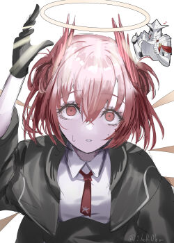 1girl absurdres adoptive_grandparent_and_adoptive_grandchild arknights armor bird_girl black_gloves black_jacket black_skirt collared_shirt detached_wings energy_wings feather_hair fiammetta_(arknights) full_armor gloves grandfather_and_granddaughter halo helmet highres horobu jacket medium_hair necktie red_eyes red_hair red_necktie sankta_miksaparato_(arknights) shirt skirt thumbs_up traditional_halo twitter_username white_shirt wings