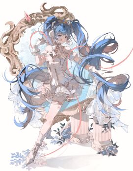 1girl absurdly_long_hair absurdres ahoge bare_shoulders bell blue_eyes blue_flower blue_hair blue_rose bow bowtie chest_tattoo choker closed_mouth detached_sleeves dress drill_hair earmuffs expressionless eyelashes flower frilled_gloves frills full_body fur_sleeves gloves gramophone_miku gramophone_miku_(frostflower) grey_choker hair_ornament hatsune_miku highres knee_up knees layered_legwear light_blush long_hair miku_symphony_(vocaloid) mirror neck_bell number_tattoo pillar print_dress print_thighhighs puffy_short_sleeves puffy_sleeves red_ribbon ribbon rose see-through_clothes see-through_dress see-through_thighhighs shadow shoes short_dress short_sleeves snowflake_print snowflakes socks solo strapless strapless_dress tattoo thighhighs twin_drills twintails uusu very_long_hair vocaloid white_background white_bow white_bowtie white_dress white_gloves white_shoes white_sleeves white_socks