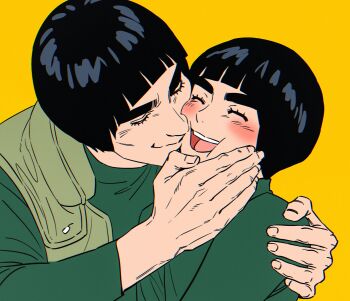 2boys absurdres arm_around_shoulder black_hair blunt_bangs blush bodysuit bowl_cut closed_eyes commentary flak_jacket green_bodysuit green_vest hand_on_another's_chin highres jacket kiss kissing_cheek m0_mo_momo male_focus might_guy multiple_boys naruto_(series) open_mouth rock_lee short_hair smile symbol-only_commentary thick_eyebrows upper_body vest yaoi yellow_background