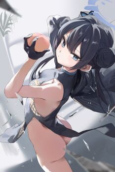 1girl absurdres ass bare_shoulders black_dress black_gloves black_hair blue_archive breasts butterfly_hair_ornament cardigan china_dress chinese_clothes dot_nose double_bun dragon_print dress expressionless food from_above fruit gloves grey_cardigan grey_eyes grey_halo hair_between_eyes hair_bun hair_intakes hair_ornament halo highres holding holding_food holding_fruit kisaki_(blue_archive) long_hair looking_at_viewer no_panties peach pelvic_curtain print_dress revealing_clothes short_dress side_slit sidelocks sleeveless sleeveless_dress small_breasts solo thighs timit twintails