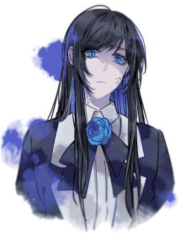 1girl ado_(utaite) black_hair blue_eyes blue_flower blue_hair blue_rose chando_(ado) colored_inner_hair flower highres kkeraku long_hair mole mole_under_eye multicolored_hair parted_lips rose simple_background solo upper_body utaite white_background